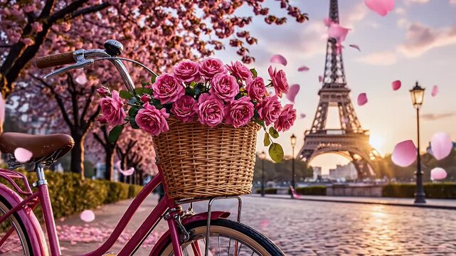 A Romantic Evening Scene in Paris Featuring a Pink Blossom Bicycle by the Eiffel Tower
