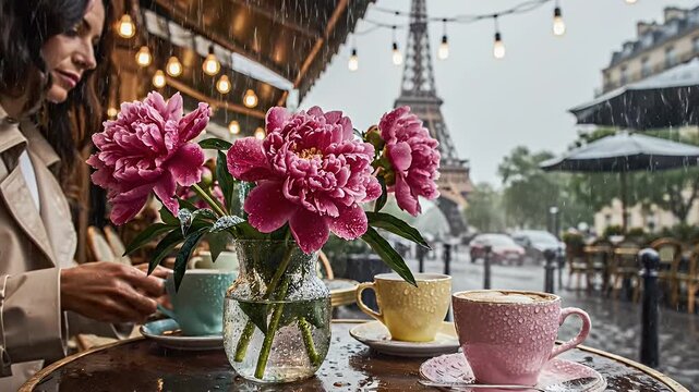 A Romantic Parisian Cafe Terrace Scene Beside the Eiffel Tower at Twilight