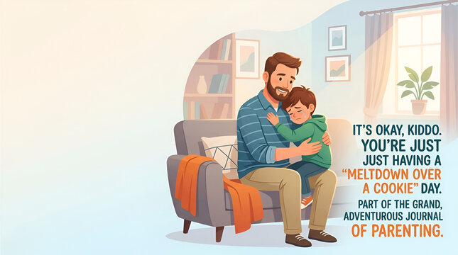 Illustration of a loving father comforting his crying young son sitting on an armchair in the living room.