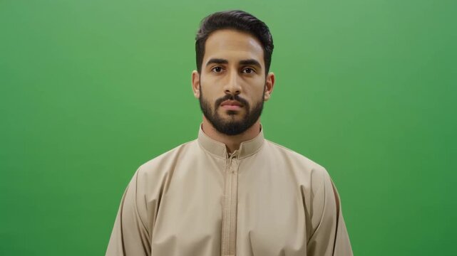 Portrait of a young middle eastern man wearing traditional clothing against a green screen.