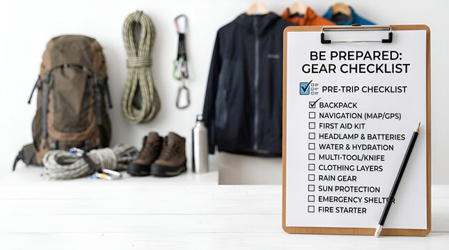 Hiking and camping gear checklist on clipboard with backpack boots and rope preparation concept.