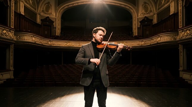 Man playing violin on stage in theater.