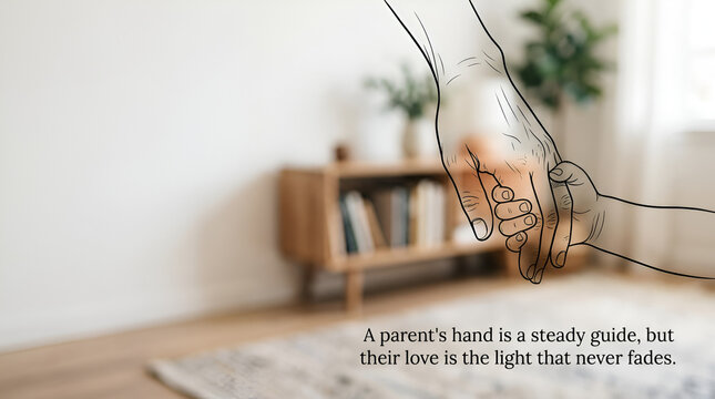 Minimalist line art illustration of a parent holding a child hand with inspirational quote in a cozy room.