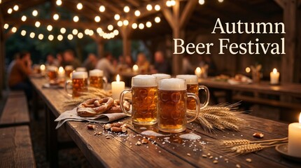 Fototapeta premium Autumn beer festival table banner with warm lights and rustic food pairing