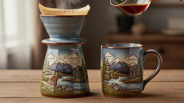 Morning Brew Serenity: A handcrafted ceramic pour-over coffee set, adorned with picturesque mountain and forest scenes, is prepared for brewing a fresh cup of coffee.