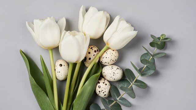 White Tulips and Quail Eggs: A delicate composition featuring pristine white tulips, speckled quail eggs, and fresh eucalyptus sprigs, evoking a sense of spring renewal and subtle elegance.