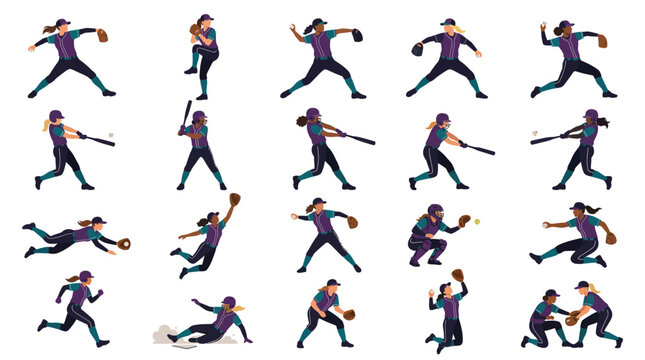 A comprehensive set of flat illustrations depicting female softball players in various dynamic action poses, including pitching, batting, fielding, and running.