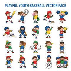 Fototapeta premium A delightful collection of playful vector illustrations depicting diverse children engaged in various baseball activities and poses.