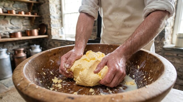 Person kneading fresh yellow butter by hand in a large traditional wooden bowl