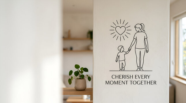 Wall decal sticker with mother and child illustration and inspirational quote in a modern home interior.