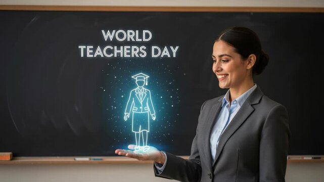 Teacher's Day Celebration: A woman in a suit stands in front of a blackboard with WORLD TEACHERS DAY written on it, holding a glowing holographic image of a student.