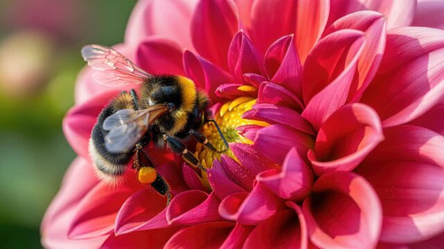 Bumblebee Gathering Pollen: A fuzzy bumblebee, laden with pollen, diligently collects nectar from the vibrant petals of a deep pink dahlia flower.