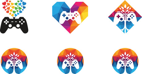 Colorful low poly gamepad logo set featuring geometric controllers with hearts and tree icons for esports branding gaming merchandise and merchandise design elements © AntarChandra