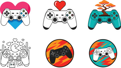  Creative gamepad controller icon set featuring colorful gaming illustrations with hearts bonsai tree and retro arcade styles for esports merchandise graphic apparel and stream overlays © AntarChandra