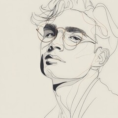 Fototapeta premium A sophisticated line art portrait depicts a young man wearing glasses, perfect for modern decor, branding materials, or artistic projects. Ideal for use in lifestyle magazines, social media graphics,