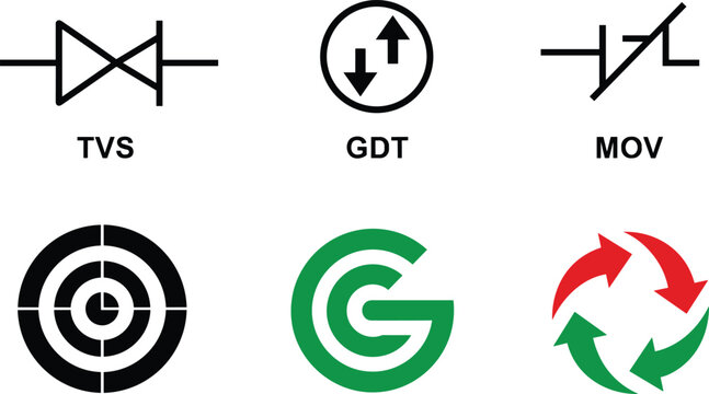 Electronic surge protection components icon set featuring TVS diode GDT gas discharge tube and MOV varistor schematic symbols for electrical engineering layouts