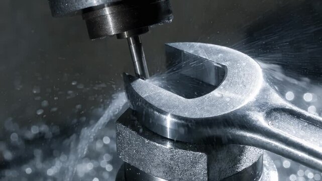 Closeup of an openend wrench jaw being precisely machined by a CNC tool highlighting smooth gripping surfaces and sharp edges for enhanced tool performance.