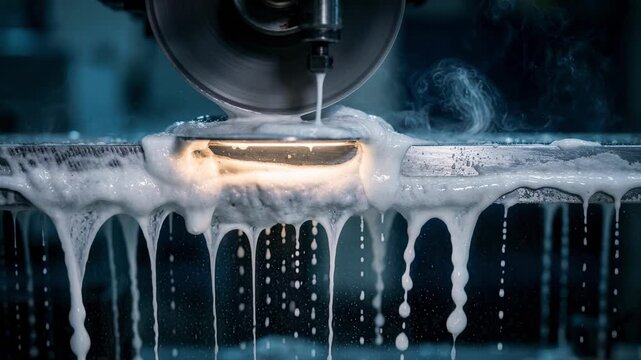 Medium shot capturing a coolantflooded surface grinding blade being ground focusing on heat reduction and surface finish quality for optimal blade durability.