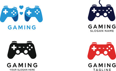 Minimalist gaming controller logo template collection with blue red black gamepad icons and customizable slogan placeholders for esports clan identity and channel branding © AntarChandra