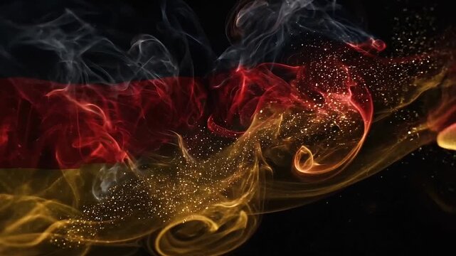 Abstract sgermany flag wirling smoke in black red and gold colors forming wavy lines and patterns with small glowing particles on a dark background