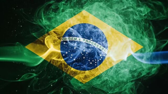 Abstract Brazilian flag made of colorful smoke and particles on a dark background with stars and motto