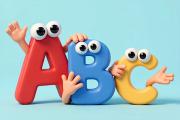 Fototapeta premium Colorful 3D alphabet letters, cartoon characters, ABC learning