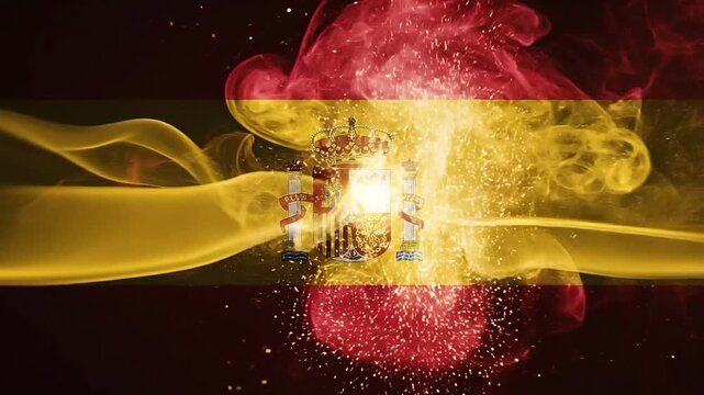 Abstract Spanish flag made of red and yellow smoke with coat of arms on black background