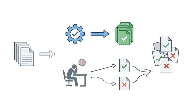 AI workflow showing human fatigue leading to inconsistent validation decisions in clean minimal business technology illustration representing reliability issues and human limitations in automation sys