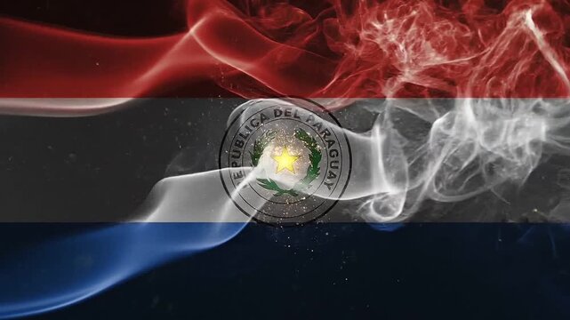 Paraguay flag formed by swirling red white and blue smoke against a dark background with subtle golden sparkles