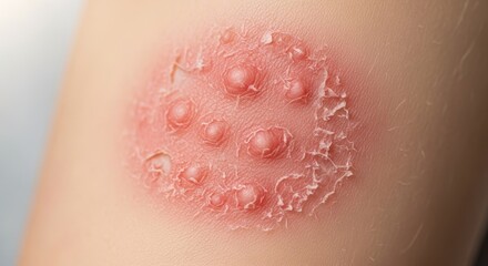 Fototapeta premium Close-up of a red, inflamed skin rash with raised bumps and flaky patches.