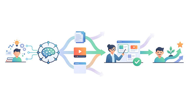 AI education workflow with automated recommendations and teacher validation in clean minimal business technology illustration representing learning systems and human guided personalization in edtech p