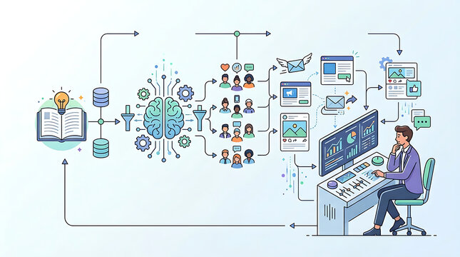 AI marketing workflow with automated targeting and human strategy adjustment in clean minimal business technology illustration representing campaign optimization and hybrid decision systems in digital