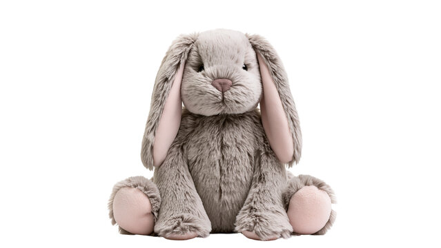 Gray plush bunny toy sitting on transparent background