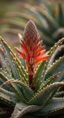 Obraz premium Close-up of a blooming Aloe Vera plant with water droplets.