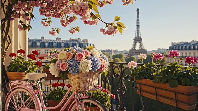 Charming Parisian Balcony Scene with Flower-filled Bicycle, Baskets, and Eiffel Tower View