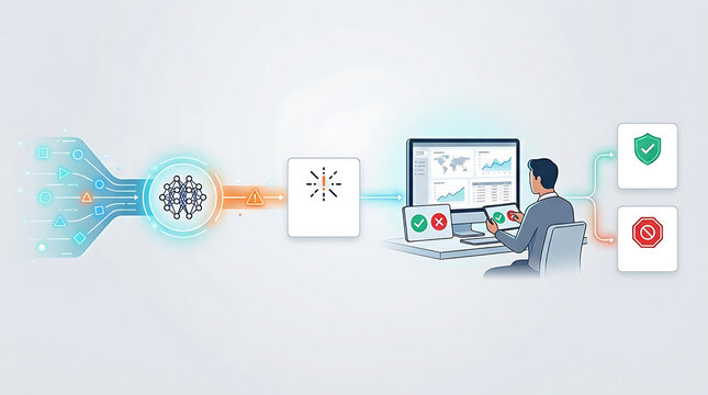AI fraud detection workflow with automated transaction flagging and human analyst verification in clean minimal business technology illustration representing risk control and financial compliance syst