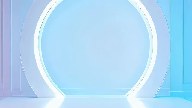 Empty round podium with blue neon lighting for product display. Minimalist stage for commercial presentation. Geometric exhibition stand for brand advertising.