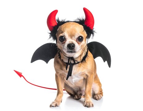 A small tan dog with devil horns and wings on