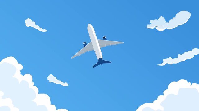 Cartoon Airplane Flying Through Clouds In Bright Blue Sky Animation. Bottom View. Clean aviation travel concept transportation, tourism, or commercial flight, 