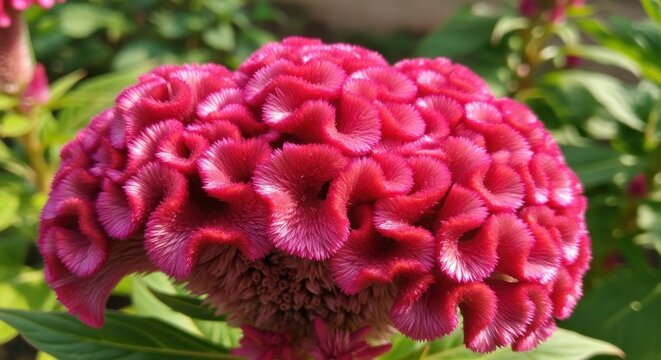 Close-up of a vibrant pink Celosia Cristata flower in a garden.
