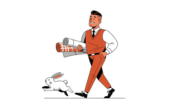 Cartoon man carrying large gift box with rabbit.