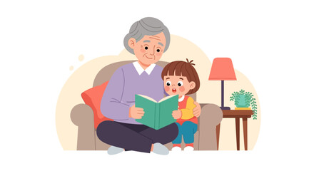 Obraz premium Grandmother and Granddaughter Reading Together Vector