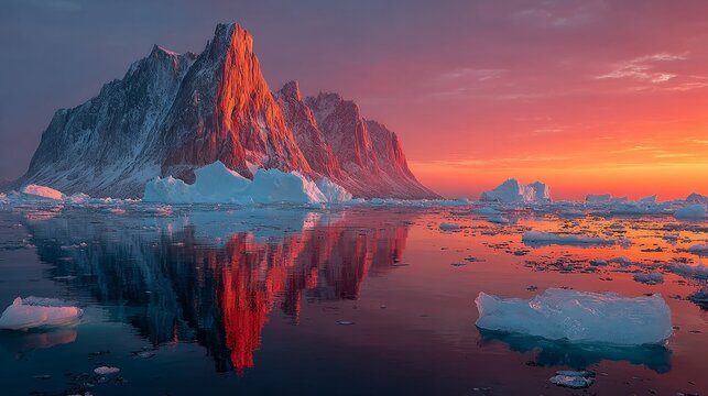 Arctic serenity: tranquil ice formations in greenland. Cinematic glow. Subtle elegance: pink-tinged icebergs in the chill of greenland's scoresbysund. Acid colors. Visual identity.