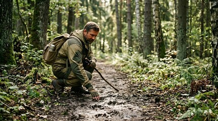 Naklejka premium Man in camouflage clothing examining muddy trail in forest.