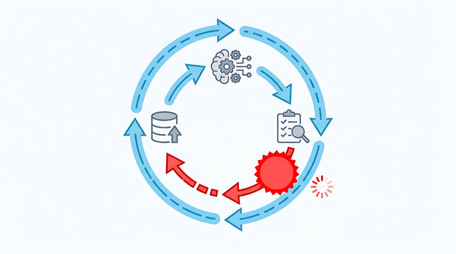 AI workflow infinite loop error with repeating cycle and system failure in clean minimal business technology illustration for automation issues debugging and process optimization concepts