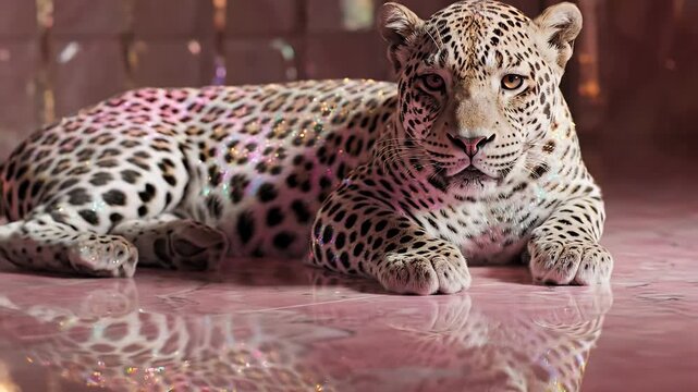 Close-up of a leopard resting on a pink glossy surface with spotted fur and a tranquil expression