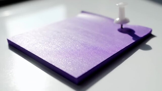 Close-up of a small glossy purple card pierced by a white pushpin on a white surface