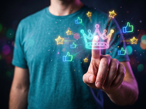 Start up bootstrap business crown finger touch glowing icon social media like star award success
