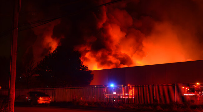 The smoke detector activated with red lights during a fierce warehouse fire.