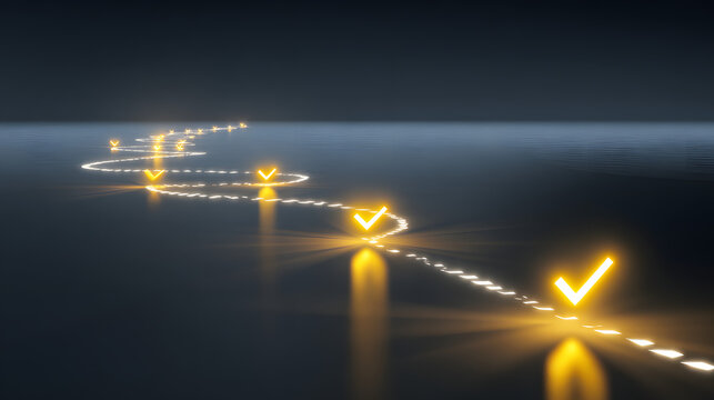 A luminescent route with markers, applicable to business strategies, customer experiences, or project checkpoints